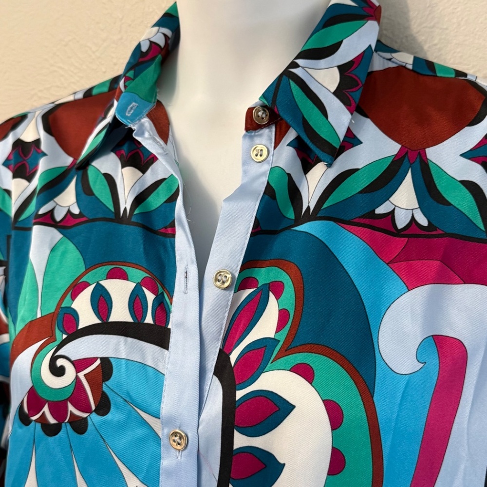 NWT Zara Colorful Printed Oversized button up shirt dress/tunic size S satiny - Picture 2 of 10